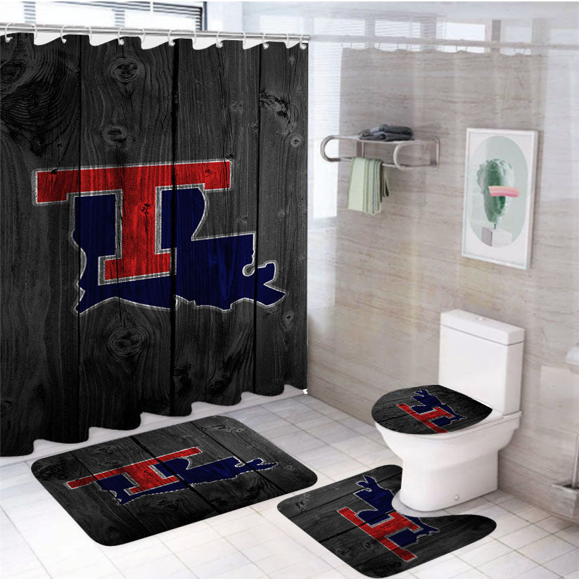 Red Texas Logo Dark Wood Wallpaper 4Pcs Bathroom Set Shower Curtain