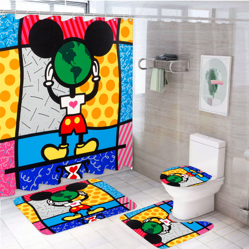 Romero Britto Mickeys World Wallpaper 4Pcs Bathroom Set Shower Curtain
