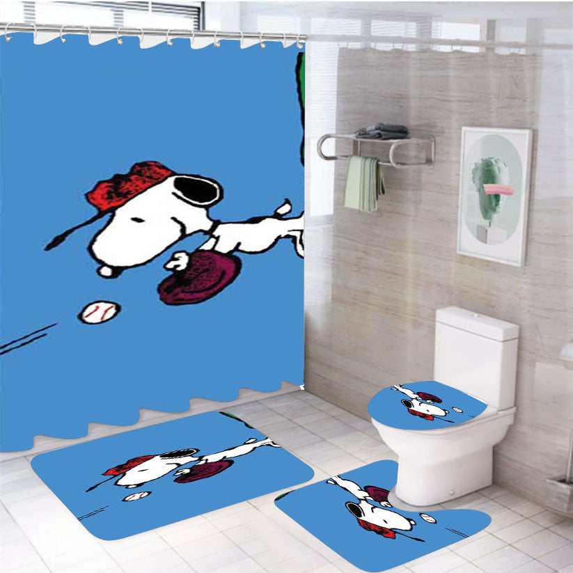 Snoopy Baseball Catch 4Pcs Bathroom Set Shower Curtain