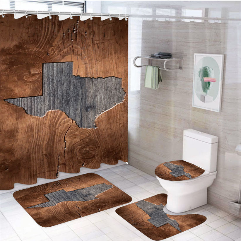 Texas States Map Two Tone Wood Texture 4Pcs Bathroom Set Shower Curtain