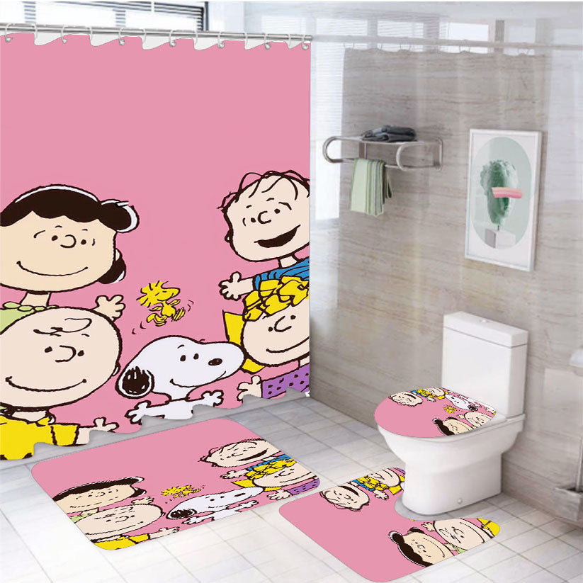 The Peanuts Charlie Brown And Snoopy Cartoon 4Pcs Bathroom Set Shower Curtain