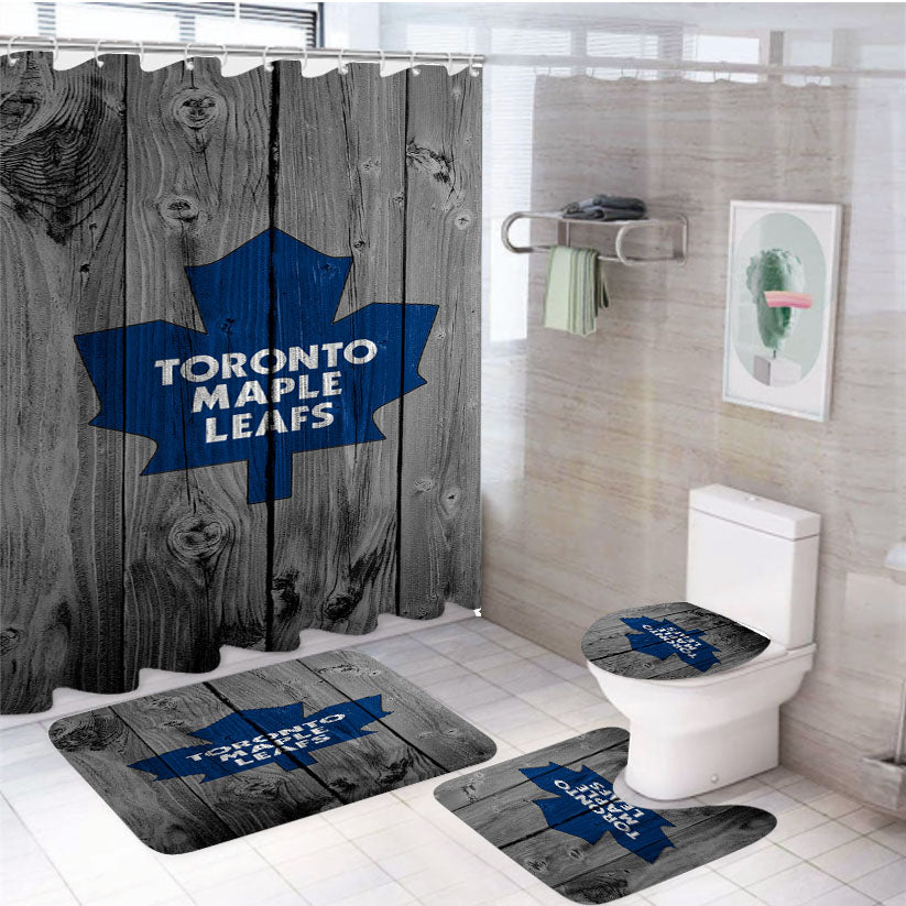 Toronto Maple Leafs Nhl Logo Dark Wood Wallpaper 4Pcs Bathroom Set Shower Curtain
