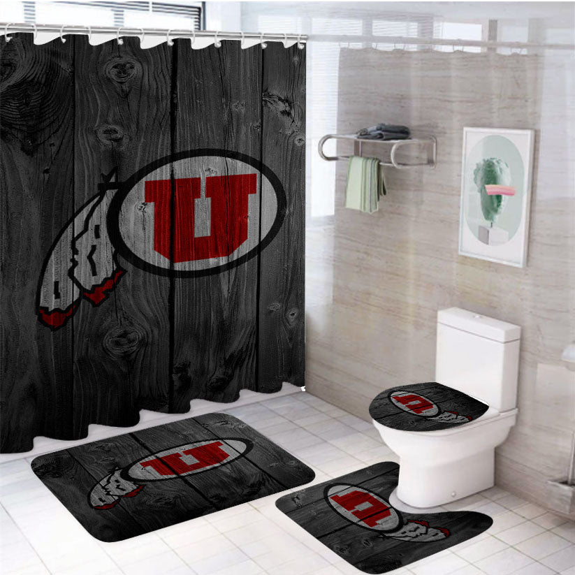 Utah University Logo Dark Wood Wallpaper 4Pcs Bathroom Set Shower Curtain