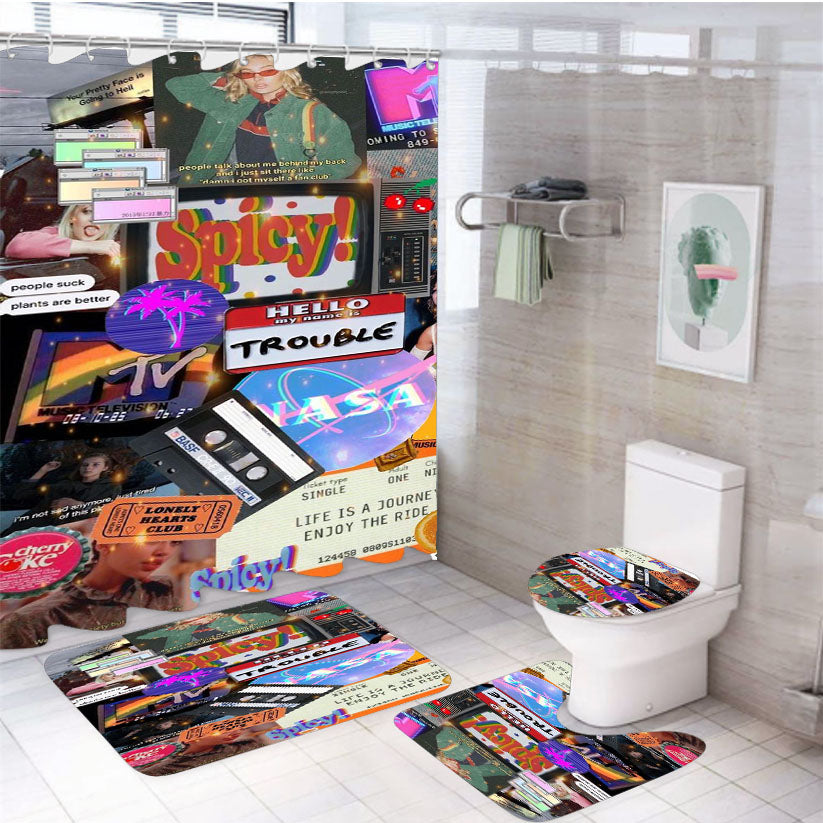 Vhs 80S Vintage Collage Pattern 4Pcs Bathroom Set Shower Curtain