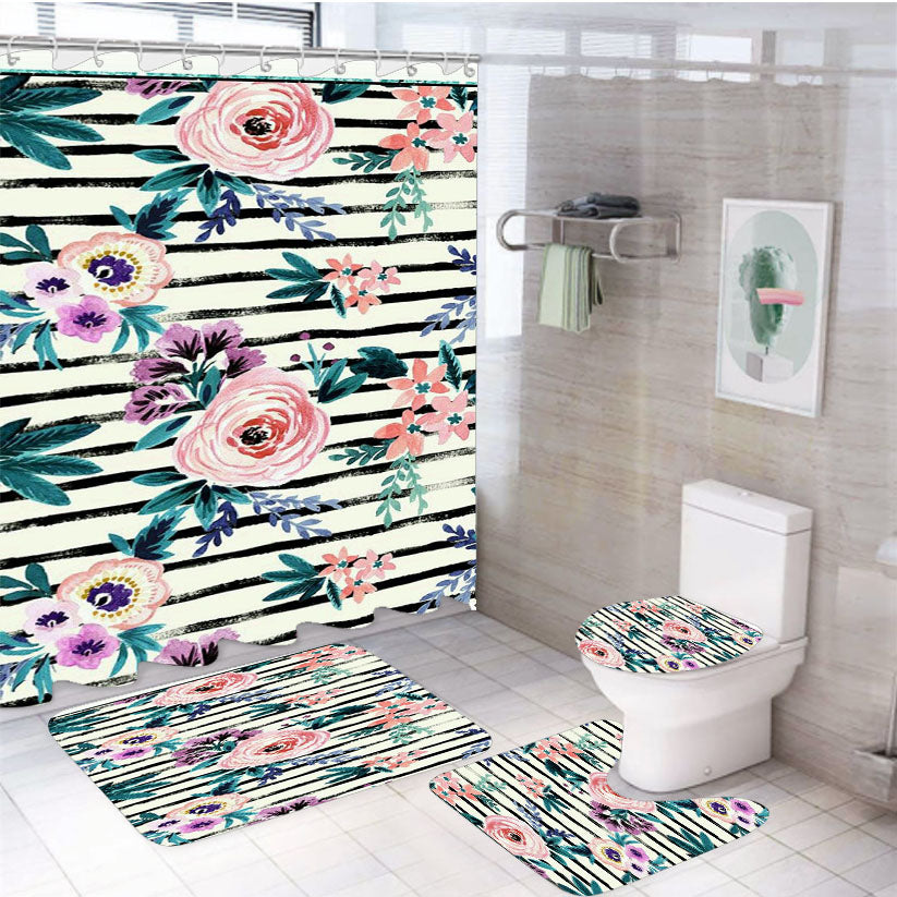 Victoria Floral Stripe 4Pcs Bathroom Set Shower Curtain
