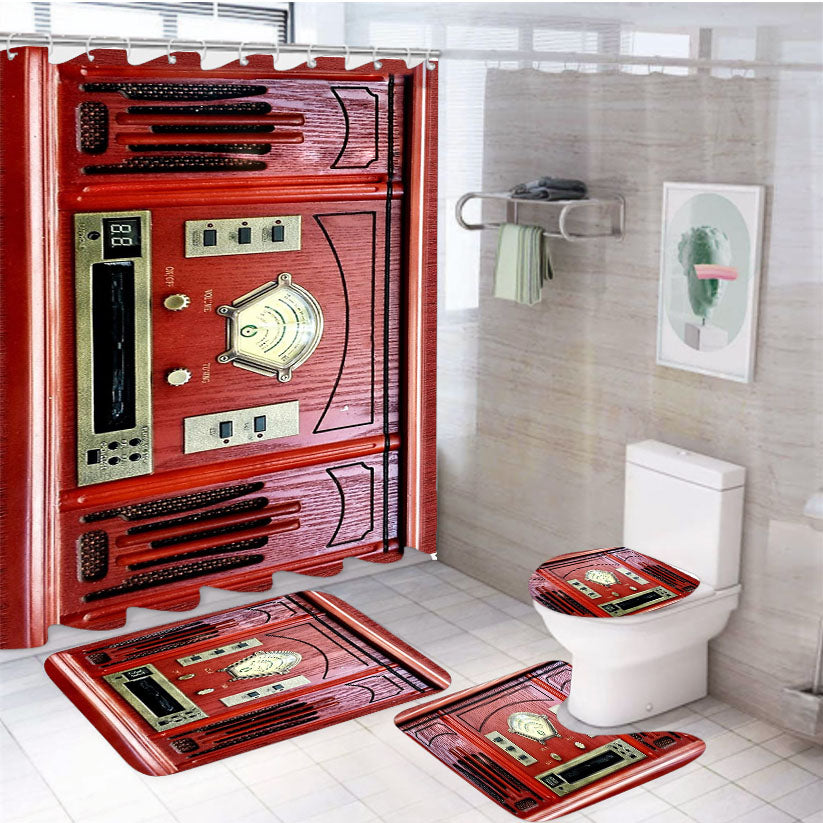 Vintage Retro Red Radio 4Pcs Bathroom Set Shower Curtain