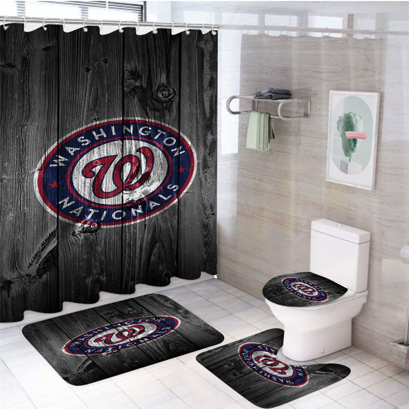 Washington Nationals Mlb Logo Dark Wood Wallpaper 4Pcs Bathroom Set Shower Curtain