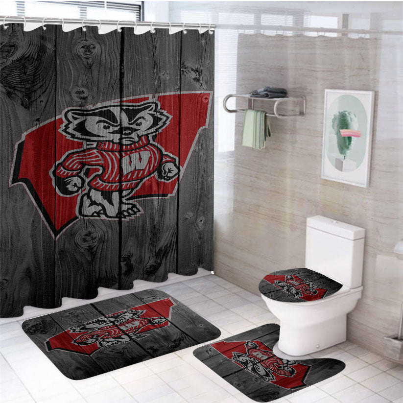 Wisconsin Badgers Bucky Logo Dark Wood Wallpaper 4Pcs Bathroom Set Shower Curtain