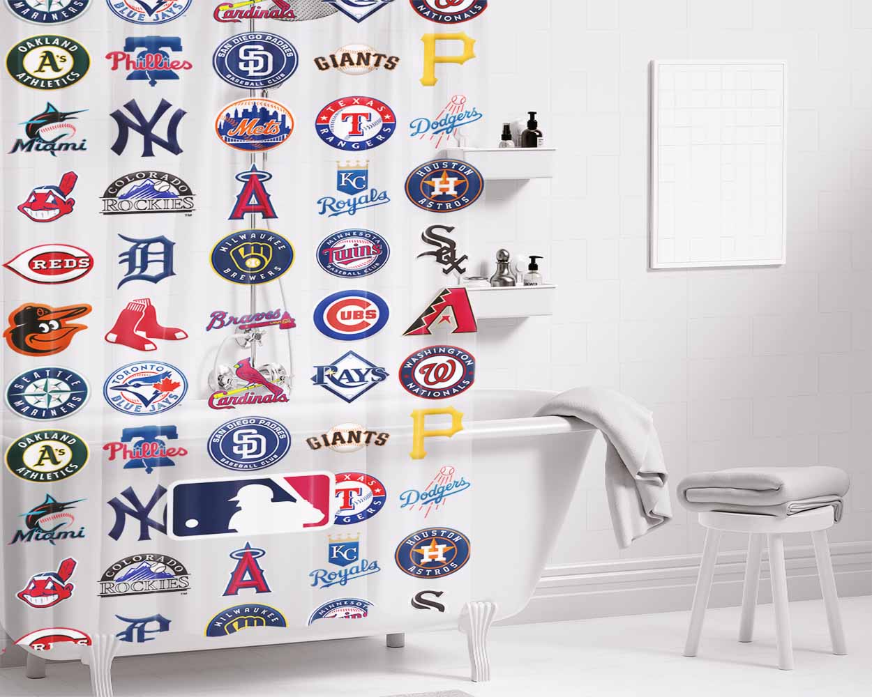 All Baseball Team Mlb Logo Collage Bathroom Shower Curtain Fabric Waterproof | 66 X 72 Inch
