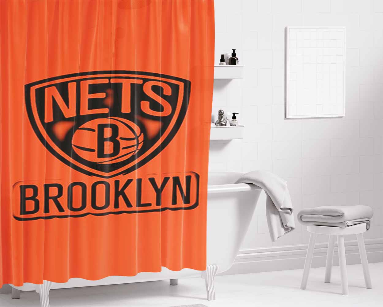 Black Brooklyn Orange Bathroom Shower Curtain Fabric Waterproof | 66 X 72 Inch