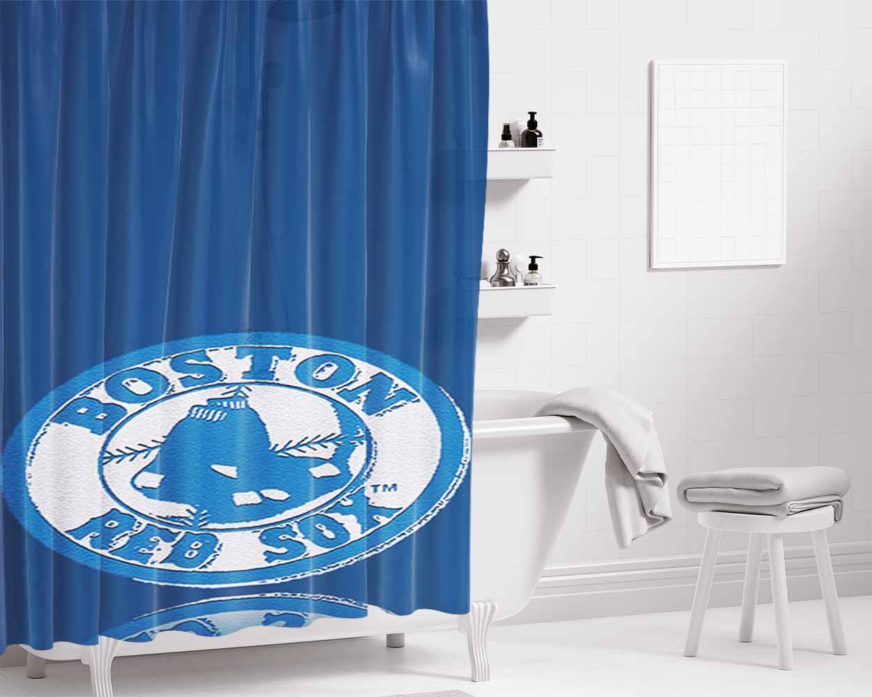 Blue Red Sox Bathroom Shower Curtain Fabric Waterproof | 66 X 72 Inch