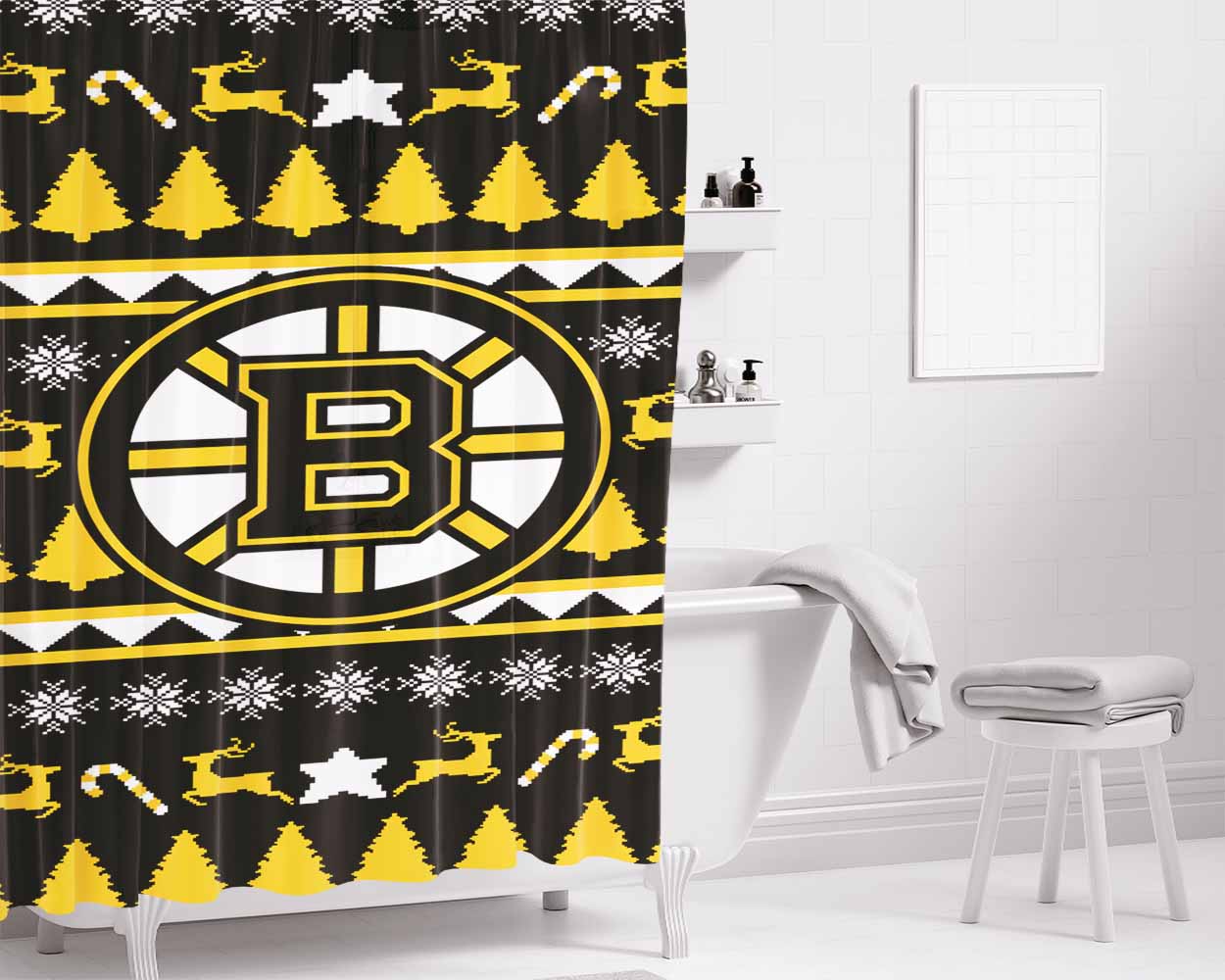 Boston Bruins Christmas Sweater Bathroom Shower Curtain Fabric Waterproof | 66 X 72 Inch