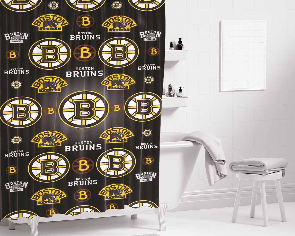 Boston Bruins Collage Bathroom Shower Curtain Fabric Waterproof | 66 X 72 Inch