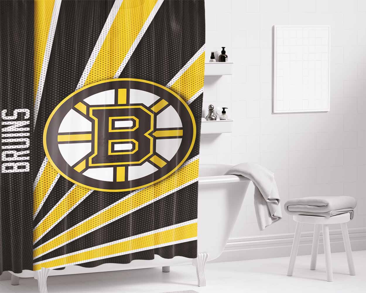 Boston Bruins Stripe Wallpaper Bathroom Shower Curtain Fabric Waterproof | 66 X 72 Inch