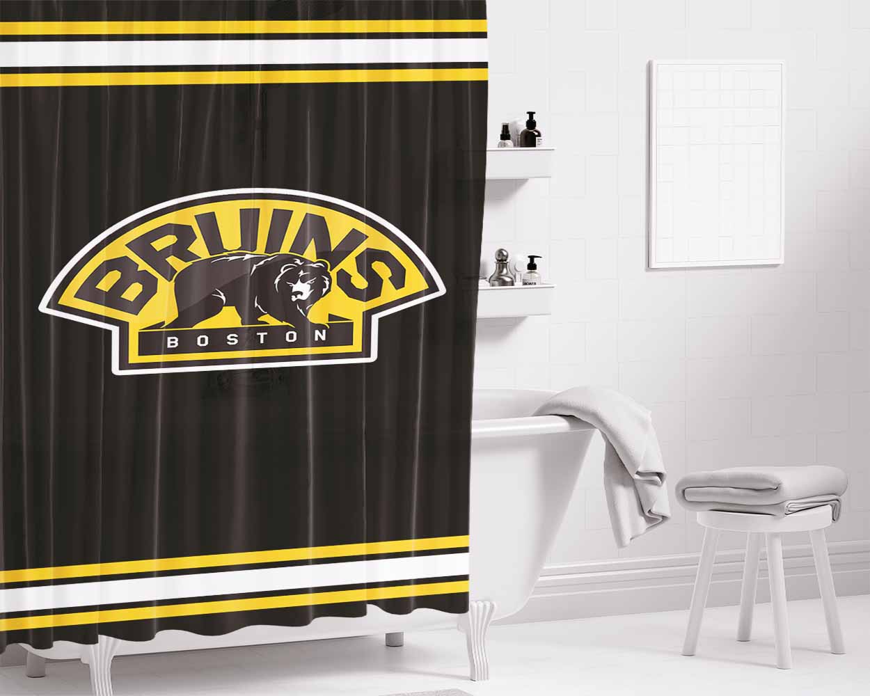 Boston Bruins Bathroom Shower Curtain Fabric Waterproof | 66 X 72 Inch