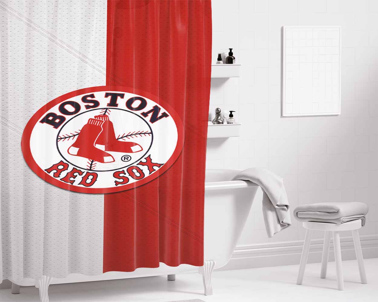 Boston Redsox Red White Logo Bathroom Shower Curtain Fabric Waterproof | 66 X 72 Inch