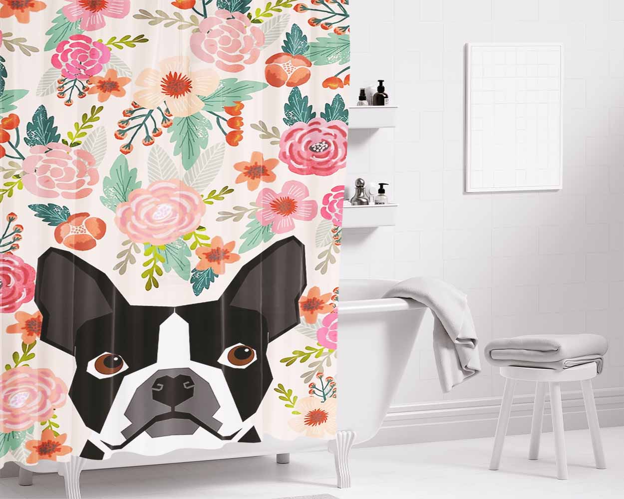 Boston Terrier Dog Breed Bathroom Shower Curtain Fabric Waterproof | 66 X 72 Inch
