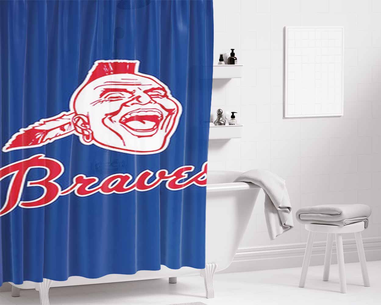 Braves Baseball Logo Blue Bathroom Shower Curtain Fabric Waterproof | 66 X 72 Inch