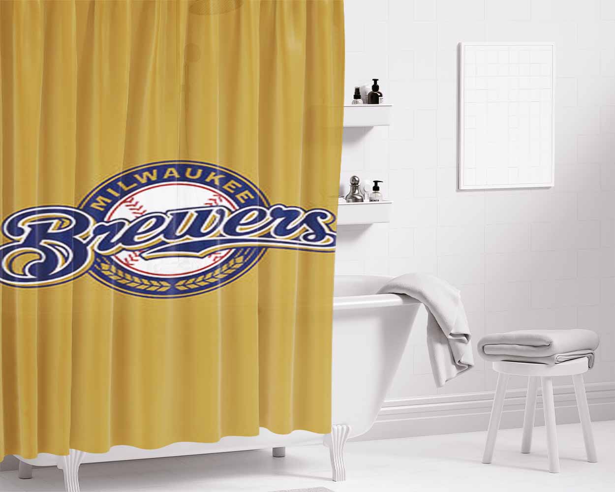 Brewers Baseball Logo Gold Bathroom Shower Curtain Fabric Waterproof | 66 X 72 Inch