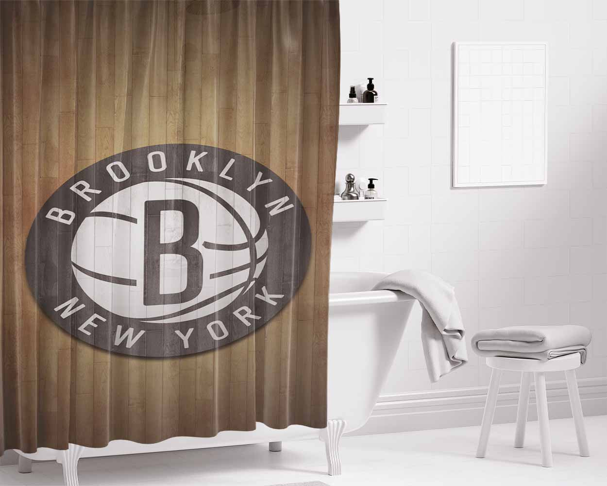 Brooklyn Nets Hardwood Bathroom Shower Curtain Fabric Waterproof | 66 X 72 Inch