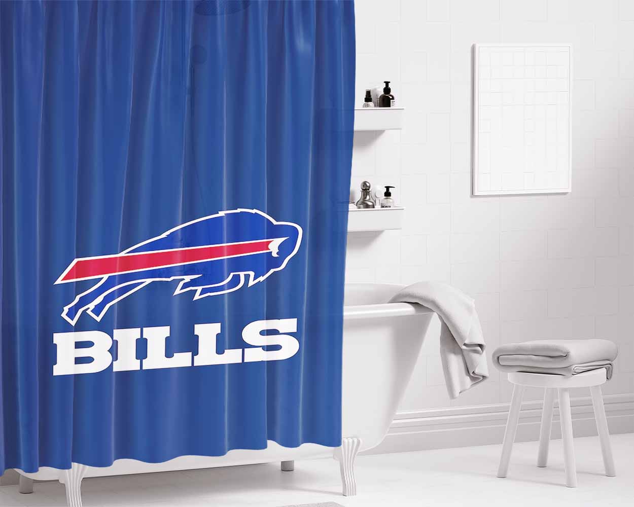 Buffalo Bills Emblem Pattern Bathroom Shower Curtain Fabric Waterproof | 66 X 72 Inch