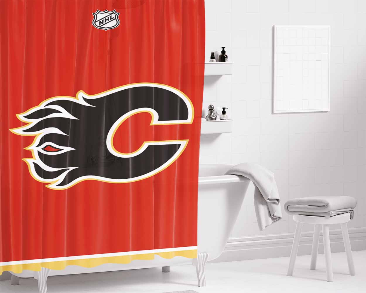 Calgary Flames 1 Bathroom Shower Curtain Fabric Waterproof | 66 X 72 Inch