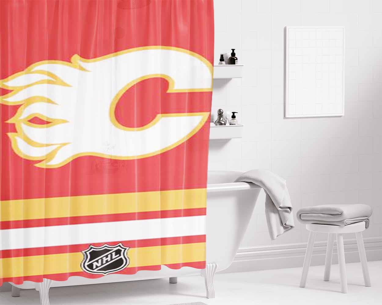 Calgary Flames Nhl Logo Bathroom Shower Curtain Fabric Waterproof | 66 X 72 Inch