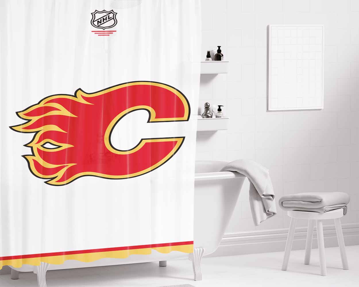Calgary Flames Bathroom Shower Curtain Fabric Waterproof | 66 X 72 Inch