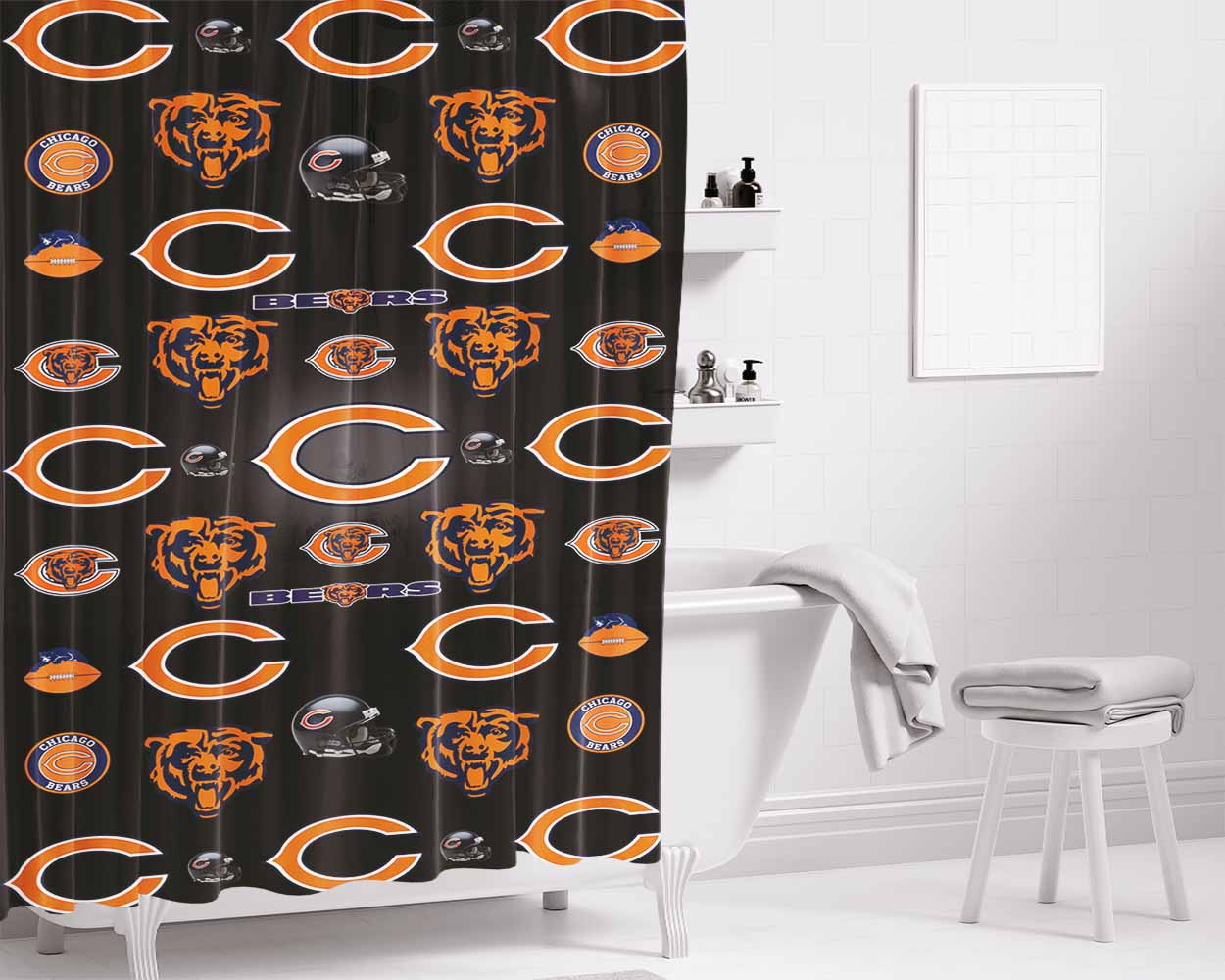 Chicago Bears Logo Pattern Bathroom Shower Curtain Fabric Waterproof | 66 X 72 Inch