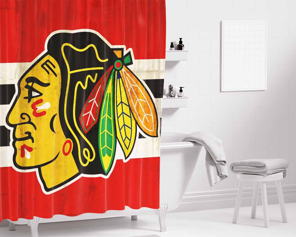 Chicago Blackhawks Bathroom Shower Curtain Fabric Waterproof | 66 X 72 Inch