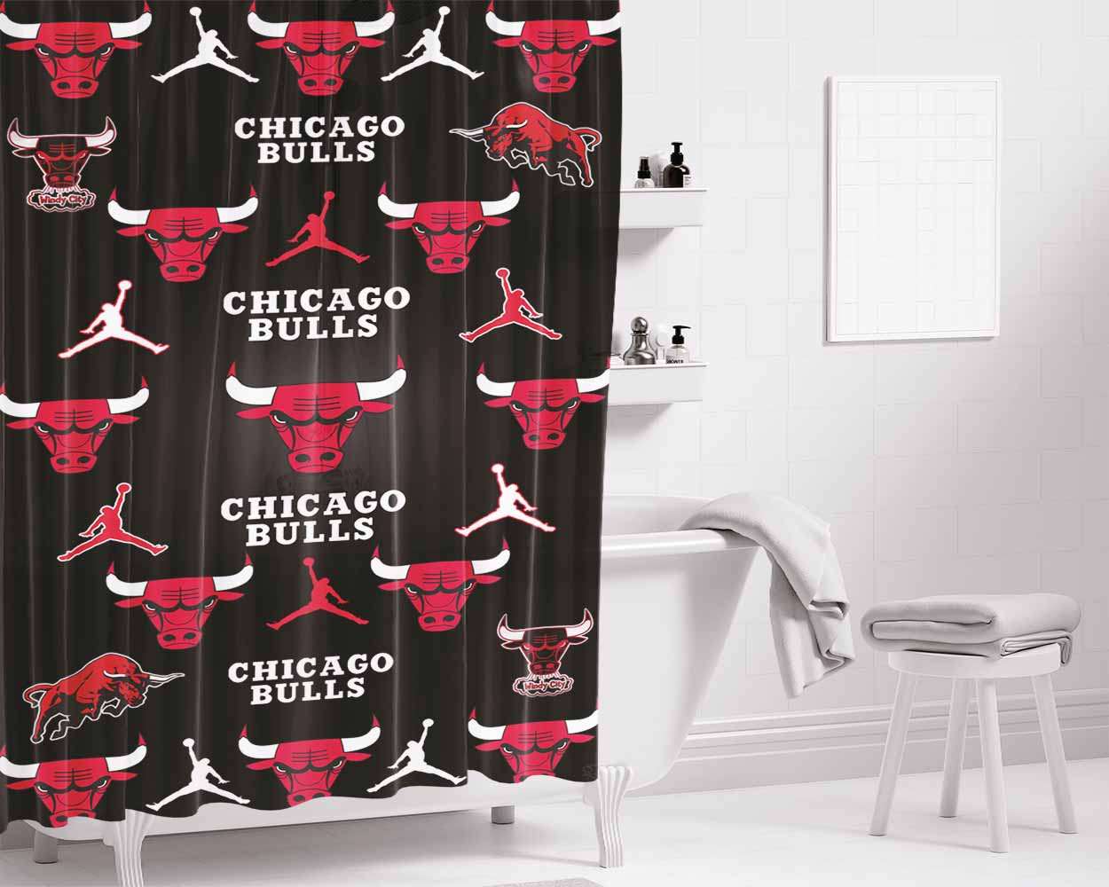 Chicago Bulls Collage Bathroom Shower Curtain Fabric Waterproof | 66 X 72 Inch