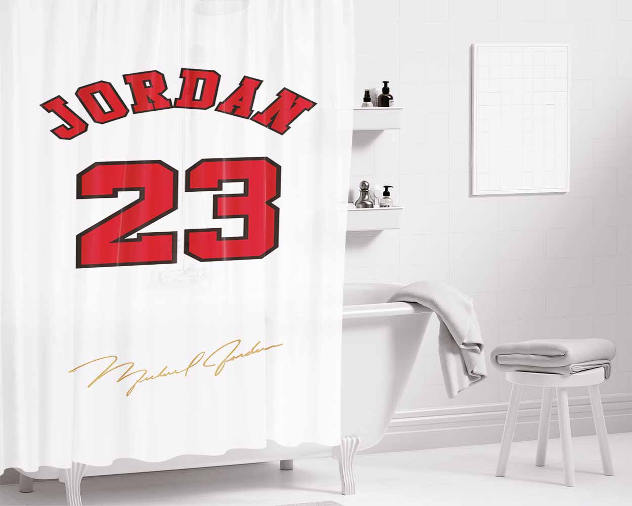 Chicago Bulls Jordan White Bathroom Shower Curtain Fabric Waterproof | 66 X 72 Inch
