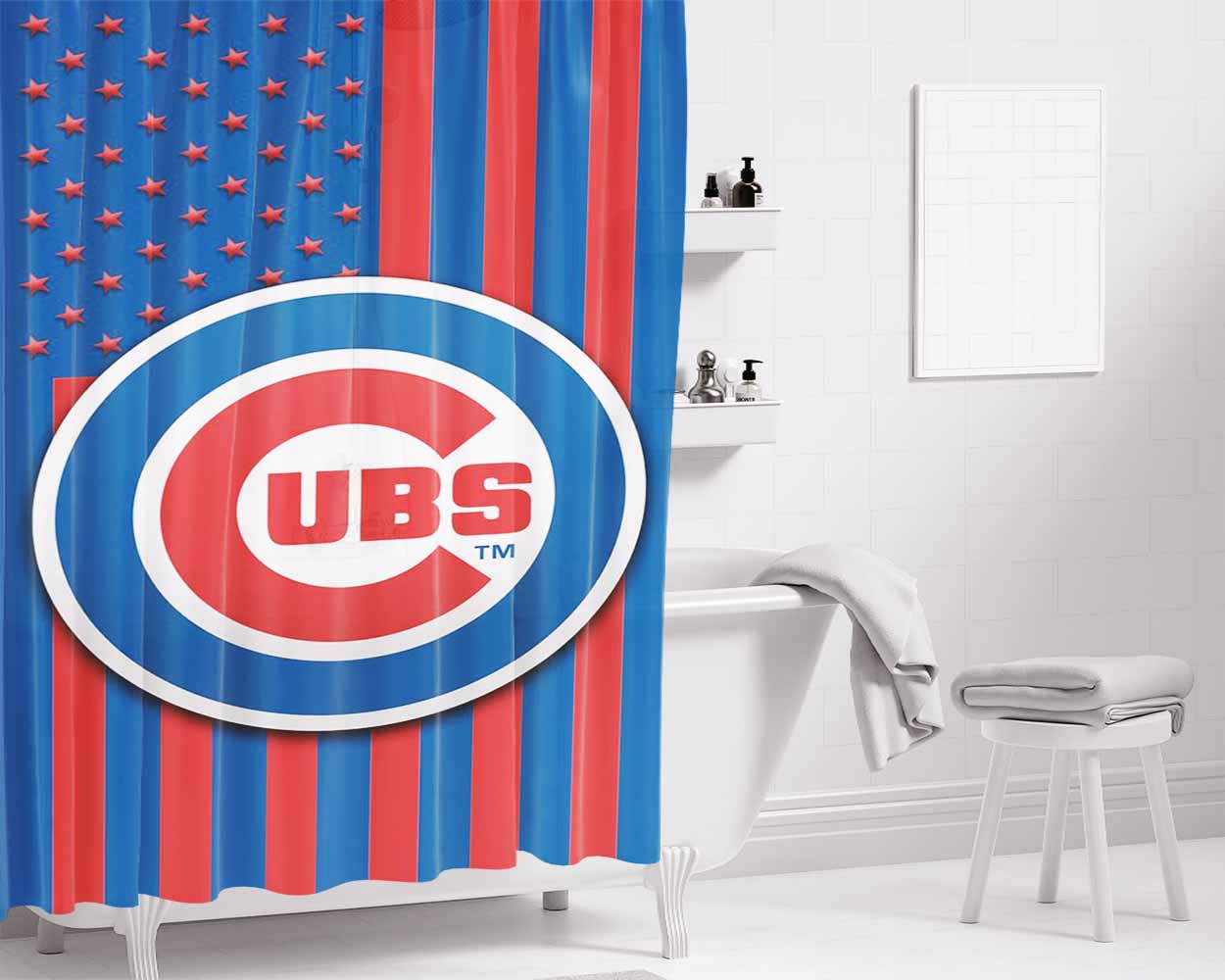 Chicago Cubs America Bathroom Shower Curtain Fabric Waterproof | 66 X 72 Inch