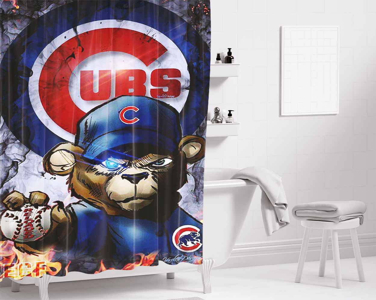 Chicago Cubs Bear Fire Bathroom Shower Curtain Fabric Waterproof | 66 X 72 Inch