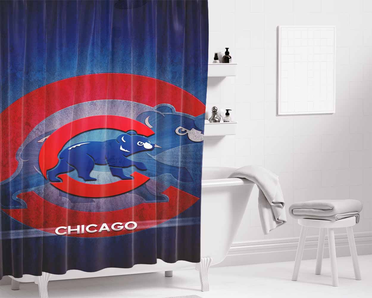 Chicago Cubs Bear Bathroom Shower Curtain Fabric Waterproof | 66 X 72 Inch