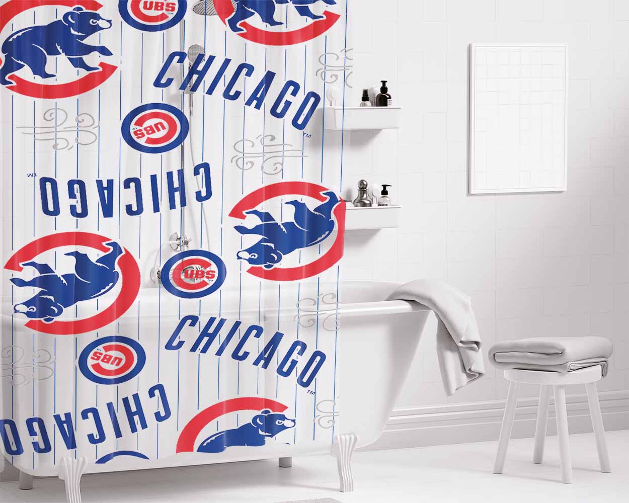Chicago Cubs Logo Stripe Bathroom Shower Curtain Fabric Waterproof | 66 X 72 Inch