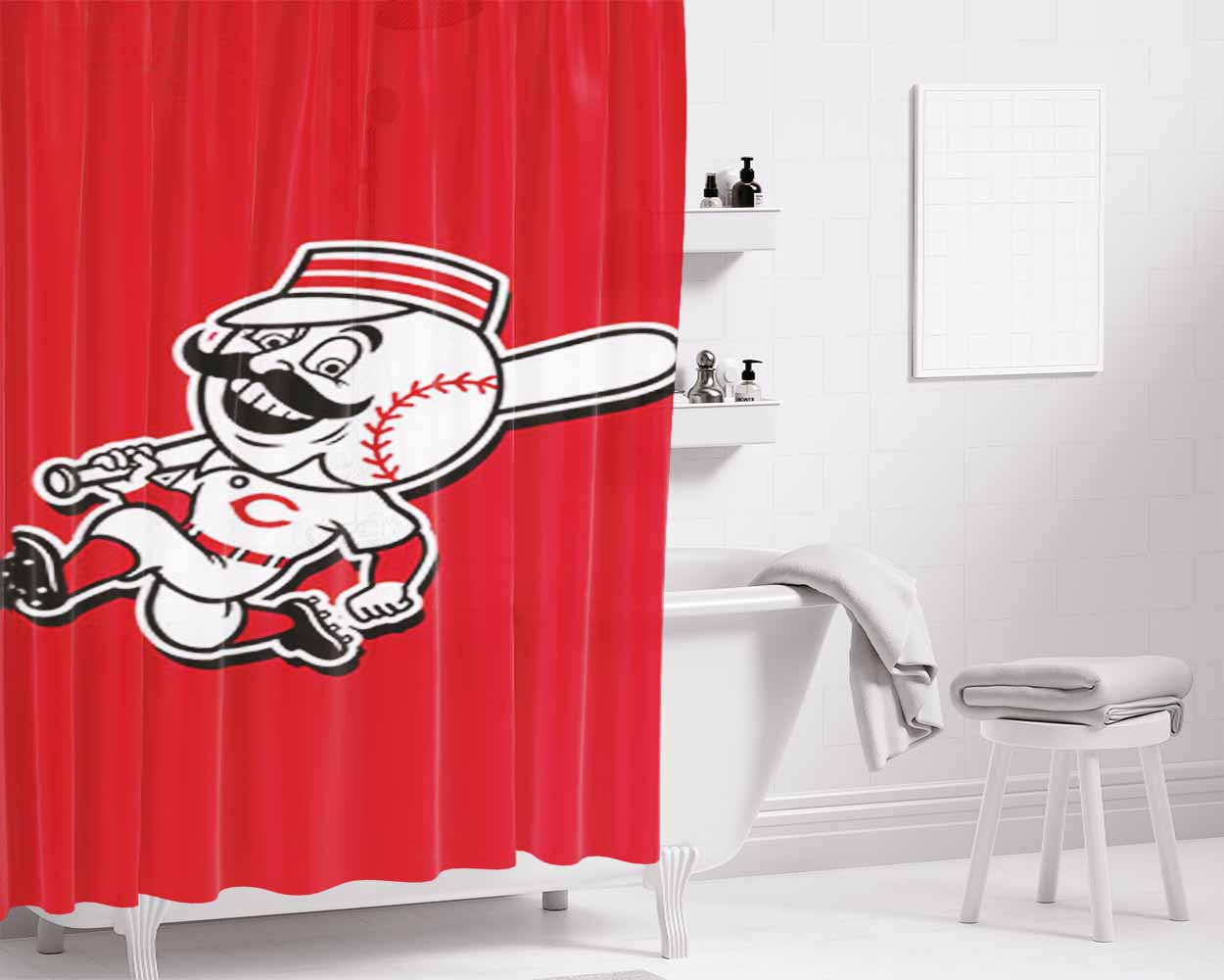 Cincinnati Baseball Logo Red Bathroom Shower Curtain Fabric Waterproof | 66 X 72 Inch