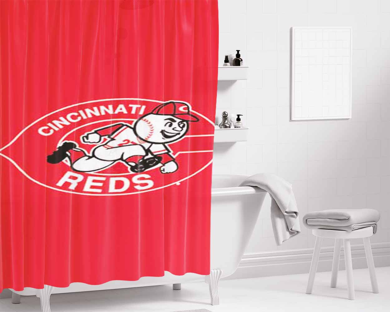 Cincinnati Reds Logo On Red Bathroom Shower Curtain Fabric Waterproof | 66 X 72 Inch