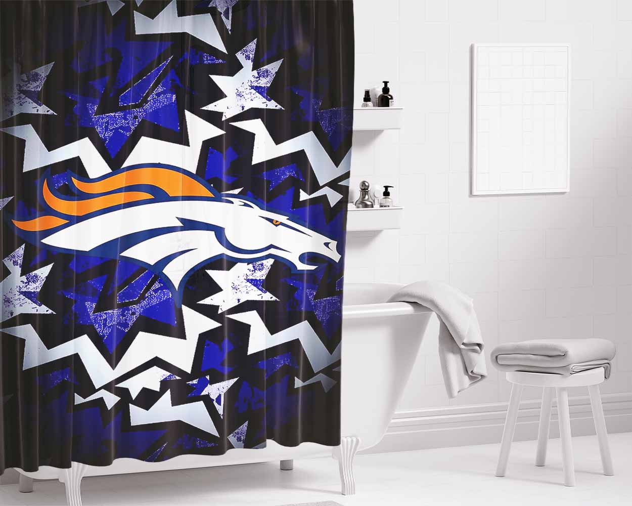 Denver Broncos Football Team Zigzag Art Bathroom Shower Curtain Fabric Waterproof | 66 X 72 Inch