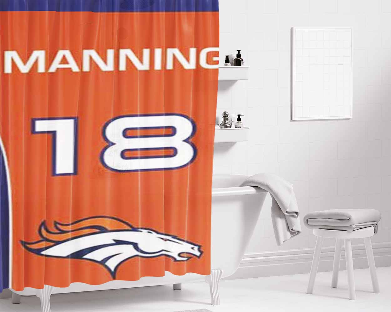 Denver Broncos Manning Jersey Bathroom Shower Curtain Fabric Waterproof | 66 X 72 Inch