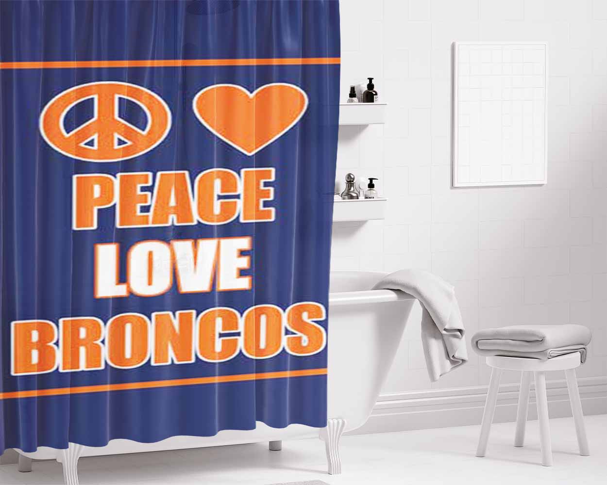 Denver Broncos Peace Love Bathroom Shower Curtain Fabric Waterproof | 66 X 72 Inch