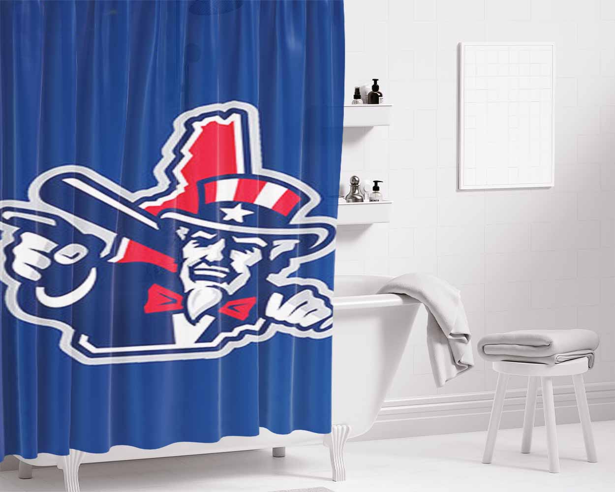 Fisher Cats Unclesam Baseball Logo Blue Bathroom Shower Curtain Fabric Waterproof | 66 X 72 Inch