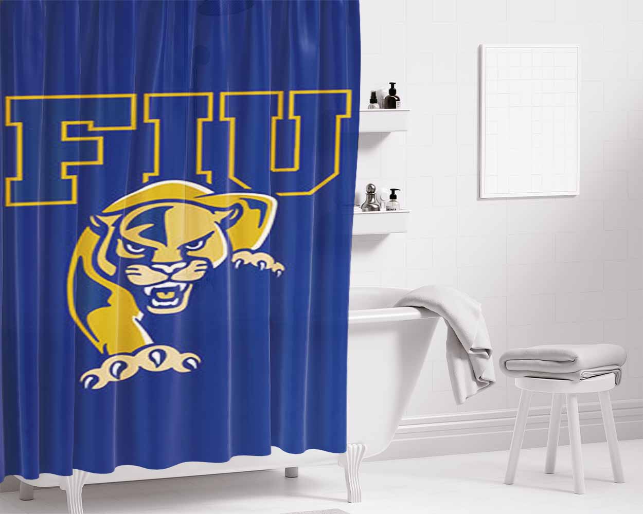 Fiu Baseball Logo Blue Bathroom Shower Curtain Fabric Waterproof | 66 X 72 Inch