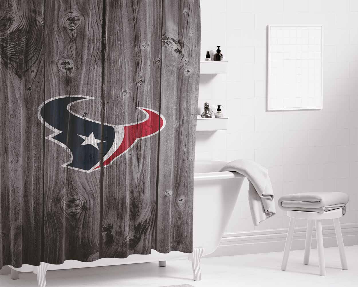 Houston Texans Logo Logo Dark Wood Wallpaper Bathroom Shower Curtain Fabric Waterproof | 66 X 72 Inch