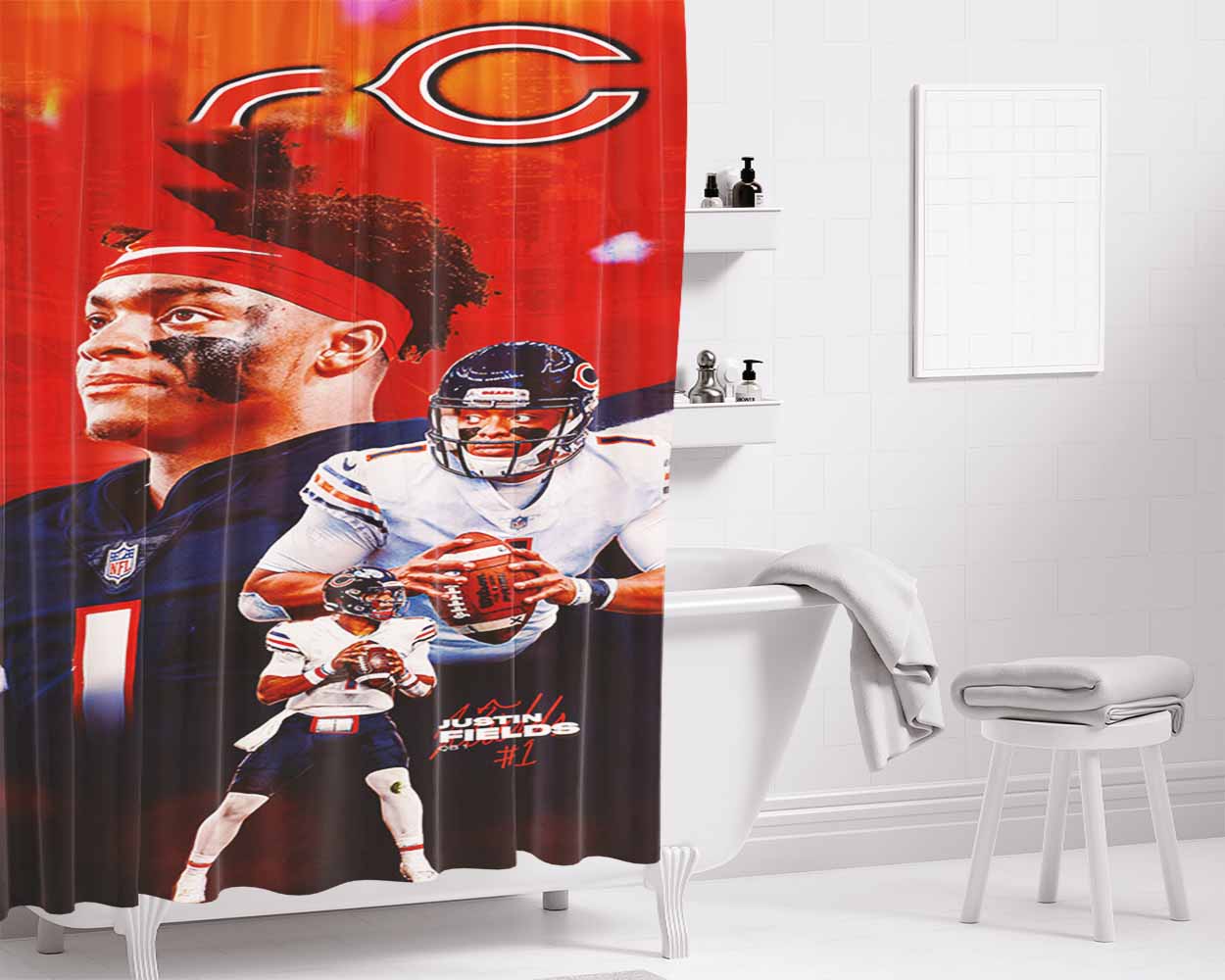 Justin Fields Chicago Bears Bathroom Shower Curtain Fabric Waterproof | 66 X 72 Inch