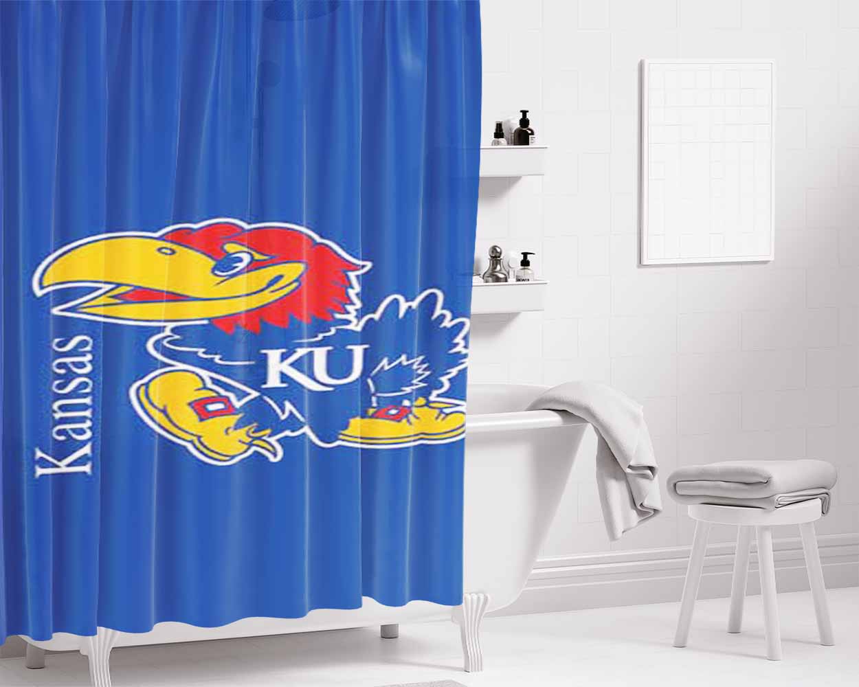Kansas Jawhawks Logo Over Blue Bathroom Shower Curtain Fabric Waterproof | 66 X 72 Inch