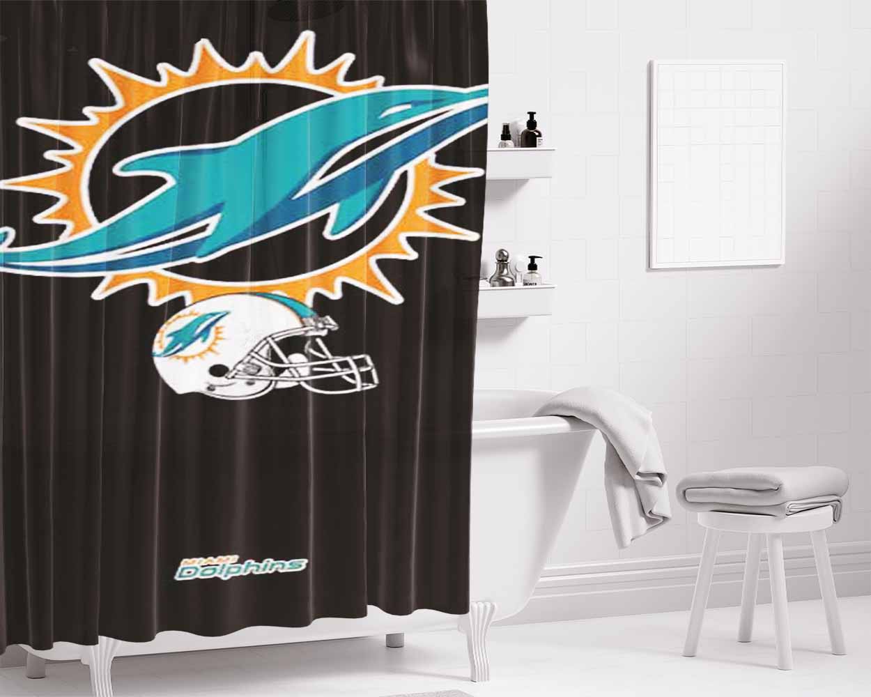 Miami Dolphins Logos On Blk Bathroom Shower Curtain Fabric Waterproof | 66 X 72 Inch