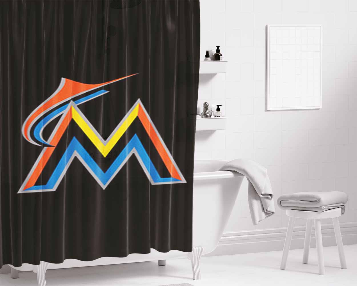 Miami Marlins Baseball Logo Black Bathroom Shower Curtain Fabric Waterproof | 66 X 72 Inch