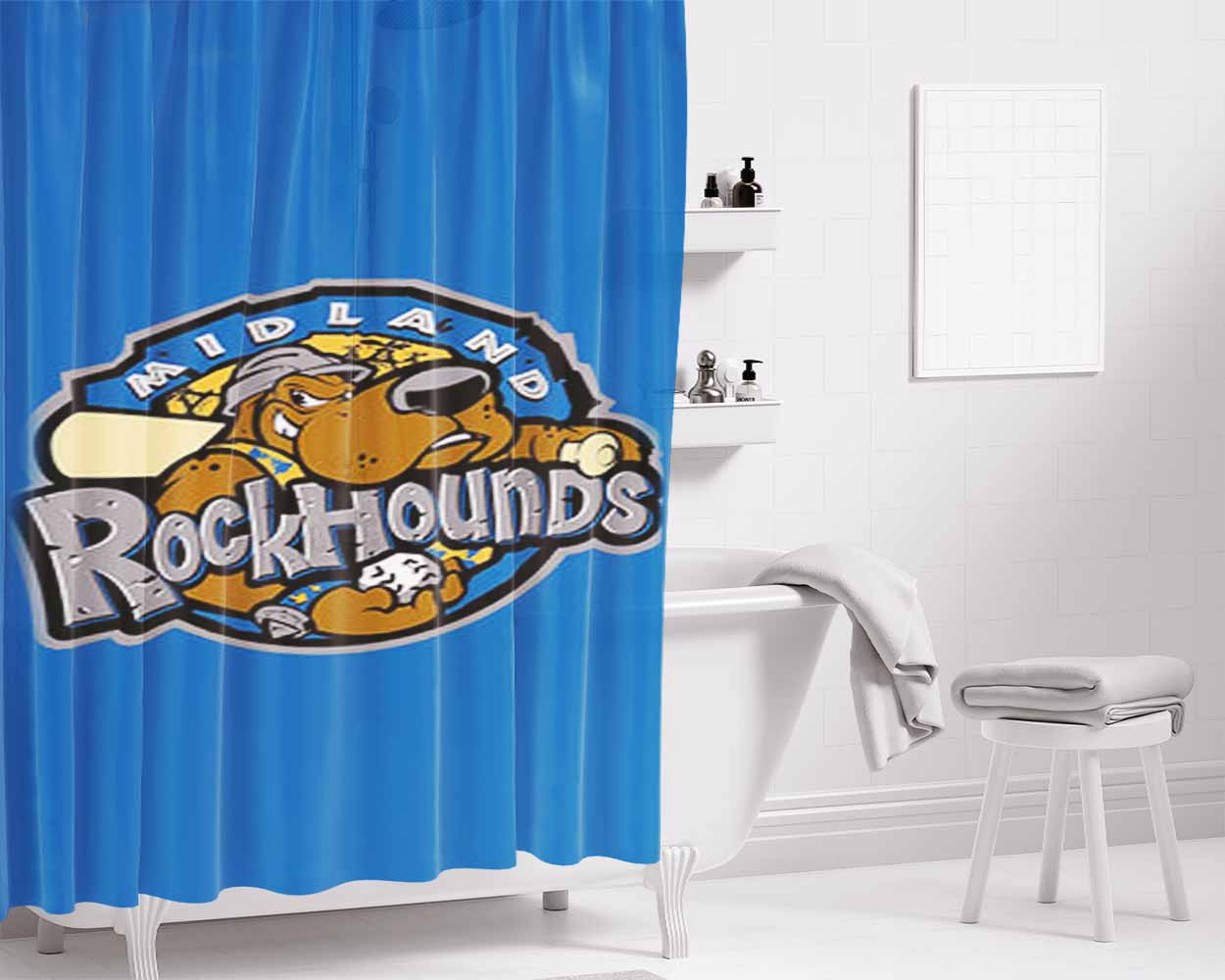 Miland Rock Hounds Baseball Logo Blue Bathroom Shower Curtain Fabric Waterproof | 66 X 72 Inch