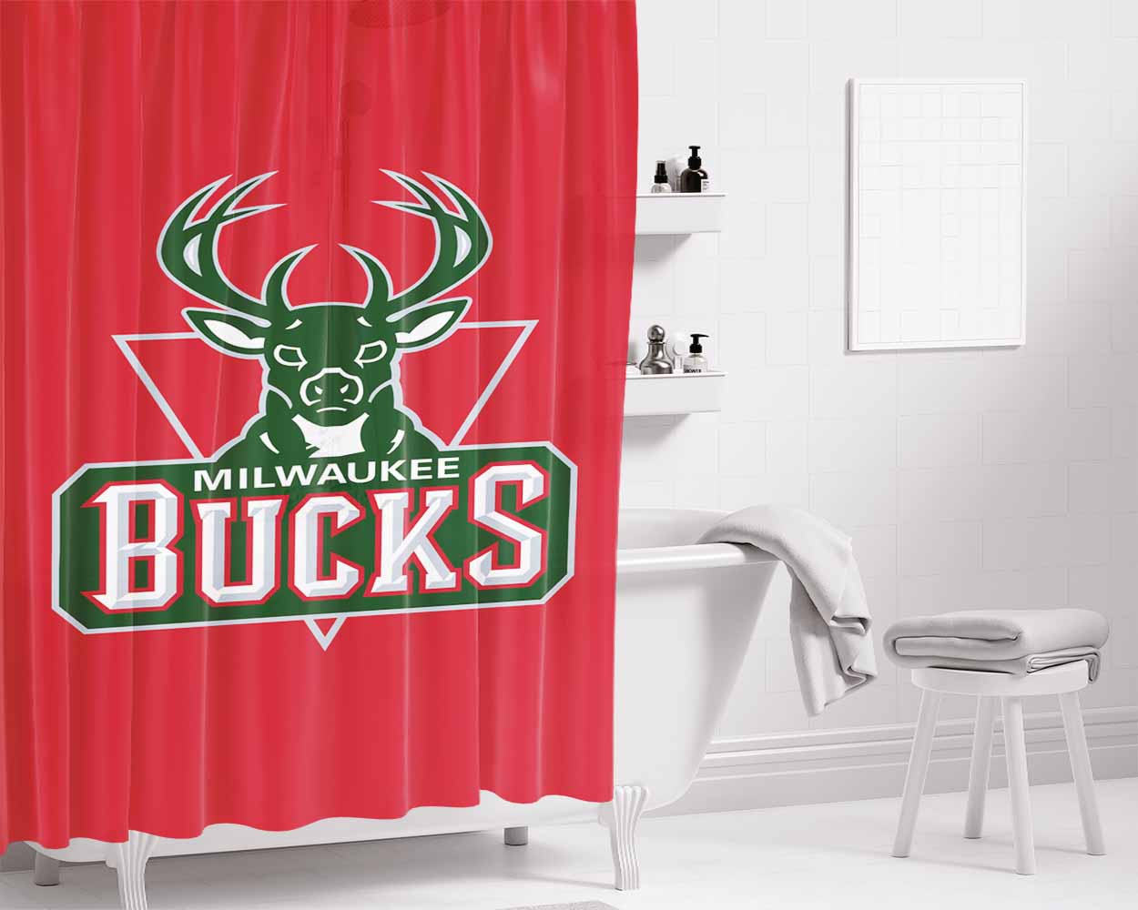 Milwaukee Bucks Red Logo Bathroom Shower Curtain Fabric Waterproof | 66 X 72 Inch